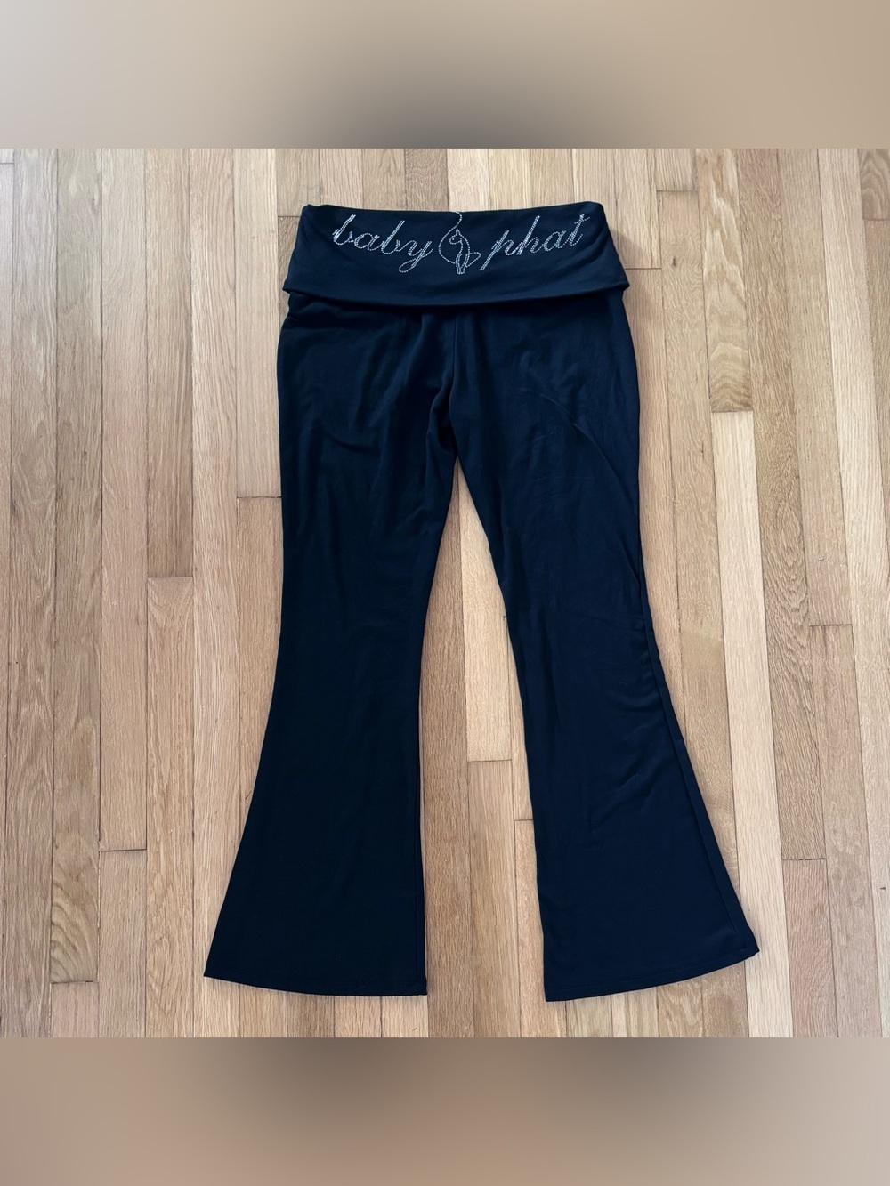 Baby Phat Roll Over Flare Leggings 1X Black Silver Rhinestone Y2K Fold Over XL
